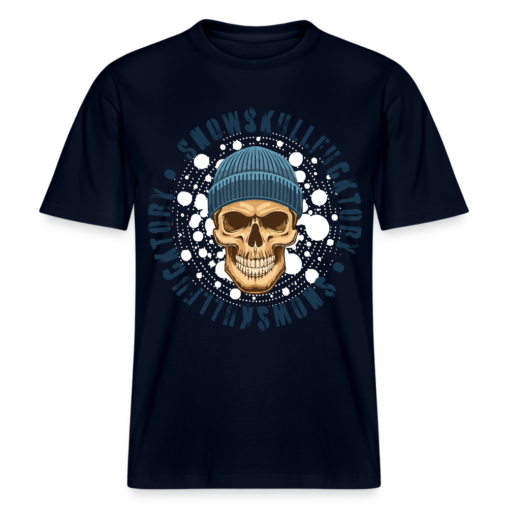 Relaxed Fit Unisex Bio-T-Shirt mit SNOWSKULL FUCKTORY PRINT Vorderseite - Navy