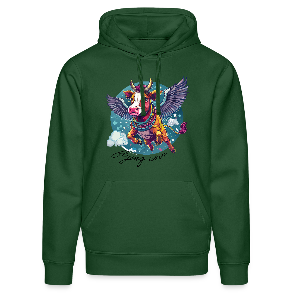Unisex Bio-Hoodie mit FLYING COW PRINT Vorderseite - Flaschengrün