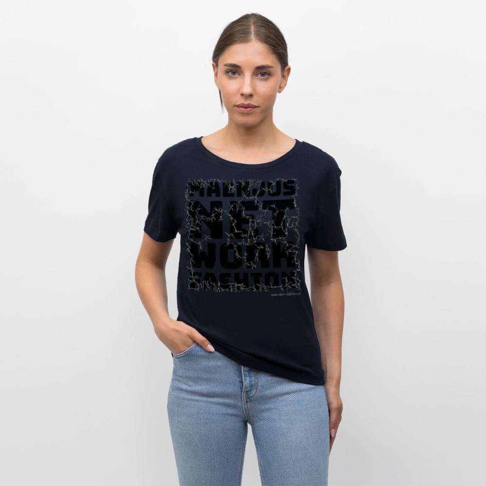 Relaxed Rundhals Frauen Bio-T-Shirt mit MAENJUS NETWORK FASHION PRINT - Navy