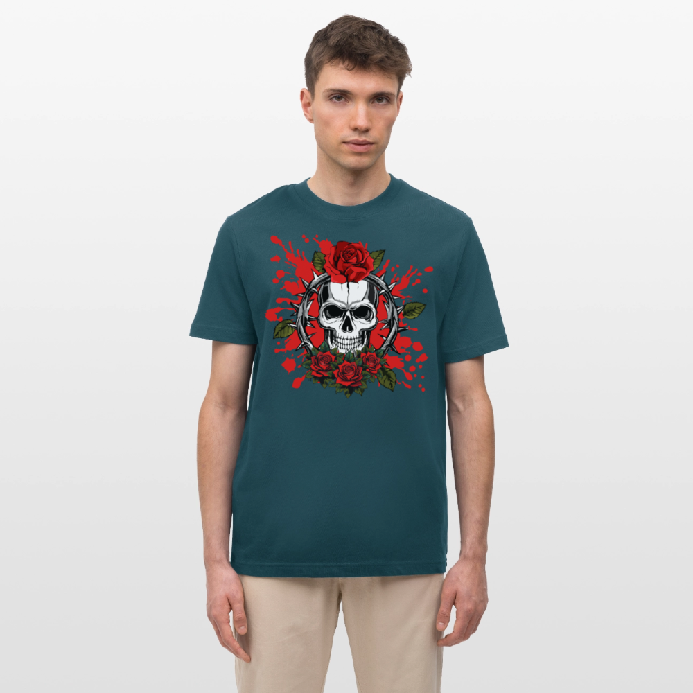 Relaxed Fit Unisex Bio-T-Shirt mit  ROSEN SKULL PRINT Vorderseite - Dunkles Petrol