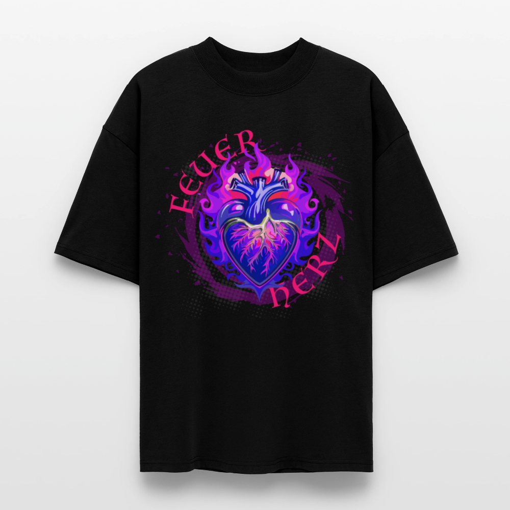 Oversized Unisex Bio T-Shirt mit FEUERHERZ LILA PRINT - Schwarz