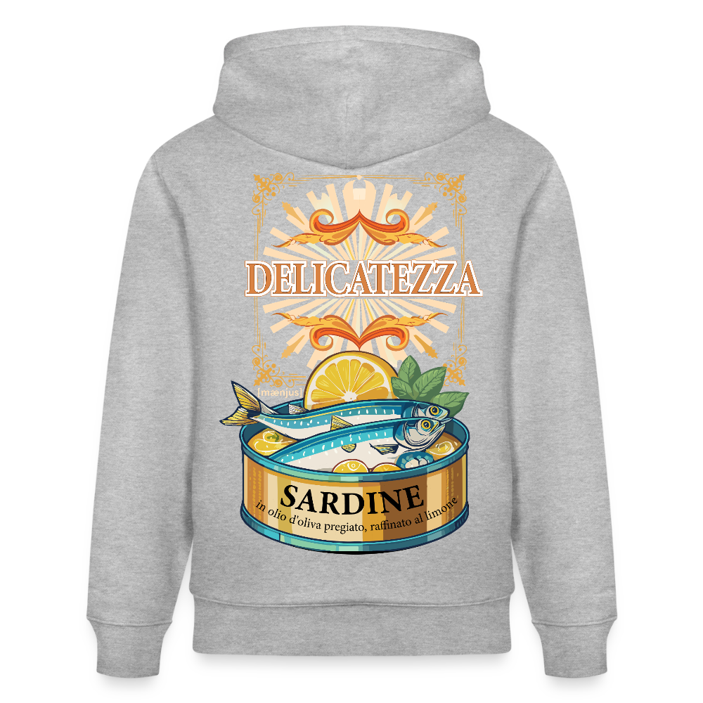 Unisex Hoodie mit DELICATEZZA SARDINE PRINT Vorder- und Rückseite - Grau meliert