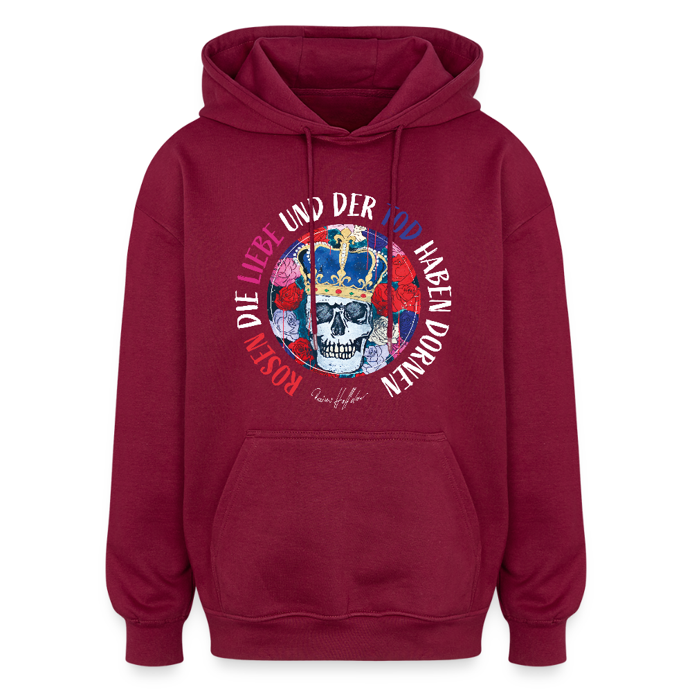 Oversized Unisex Hoodie mit ROSEN DIE LIEBE UND DER TOD HABEN DORNEN PRINT - Burgunderrot