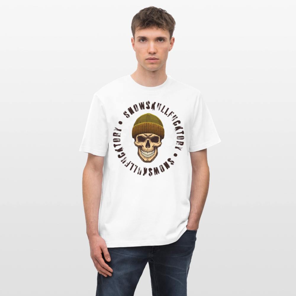 Relaxed Fit Unisex Bio-T-Shirt mit SNOWSKULL FUCKTORY PRINT Vorderseite - Weiß