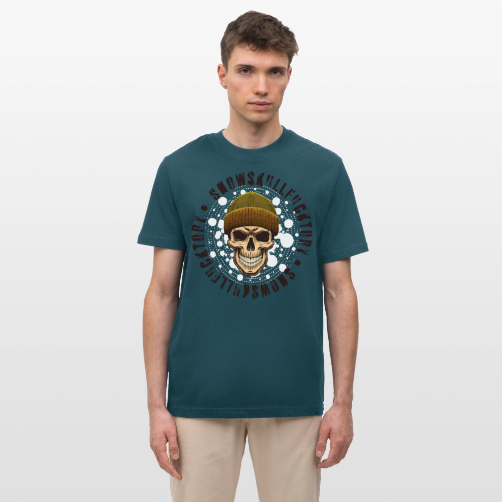 Relaxed Fit Unisex Bio-T-Shirt mit SNOWSKULL FUCKTORY PRINT Vorderseite - Dunkles Petrol