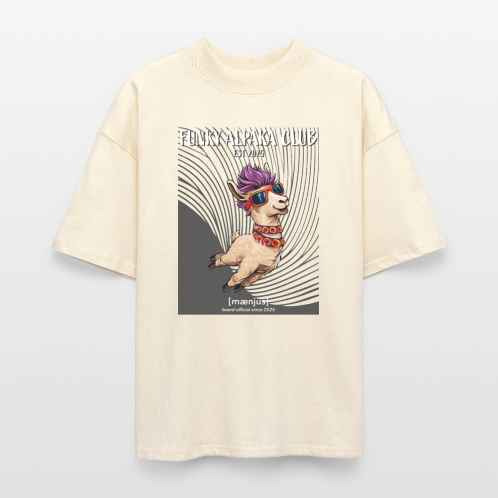 Oversized Unisex Bio T-Shirt mit FUNKY ALPAKA CLUB PRINT Vorderseite - Weißgrau