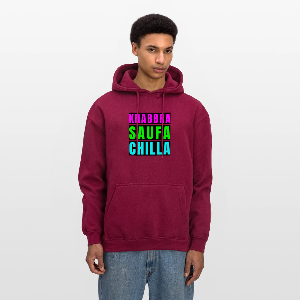 Oversized Unisex Hoodie mit KNABBRA SAUFA CHILLA PRINT - Burgunderrot
