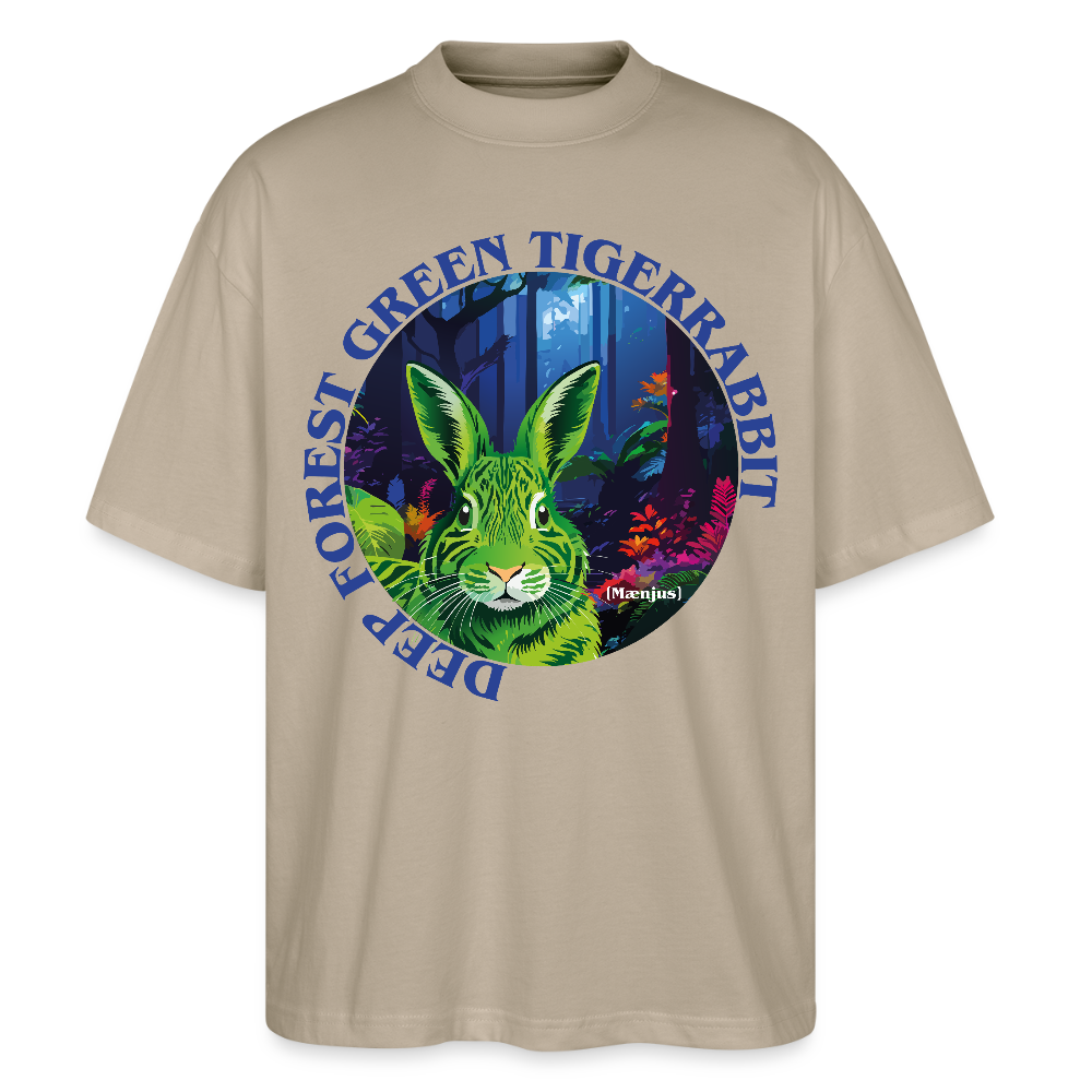 Oversized Unisex T-Shirt mit DEEP FOREST GREEN TIGERRABBIT PRINT Vorderseite - Steingrau