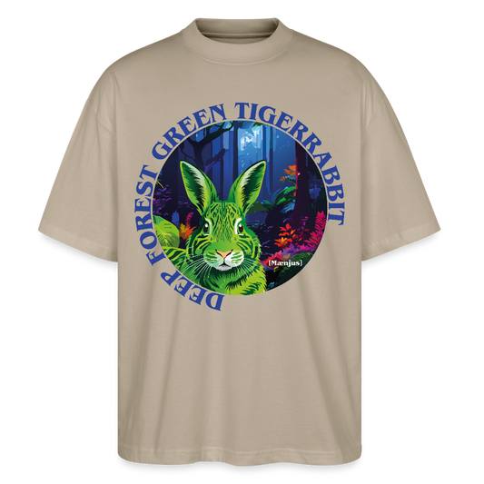Oversized Unisex T-Shirt mit DEEP FOREST GREEN TIGERRABBIT PRINT Vorderseite - Steingrau