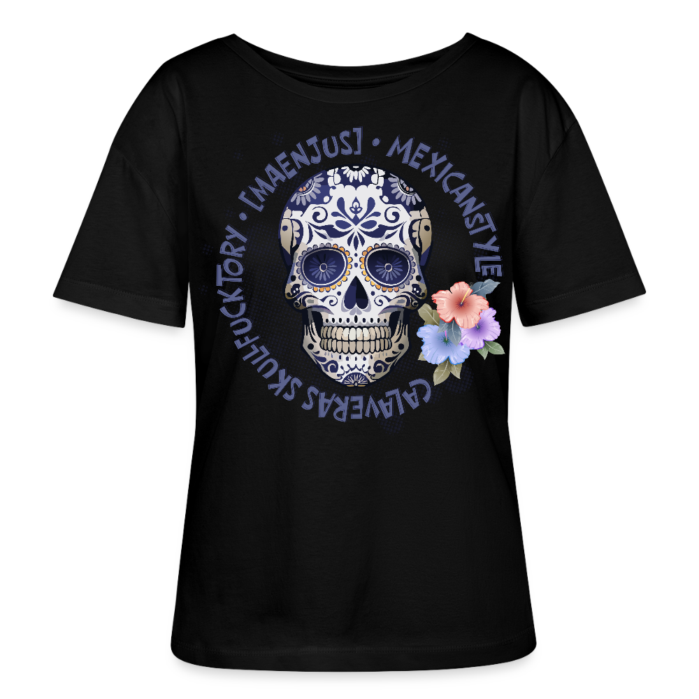 Rundhals Frauen Bio-T-Shirt mit MAENJUS MEXICANSTYLE PRINT Vorderseite - Schwarz