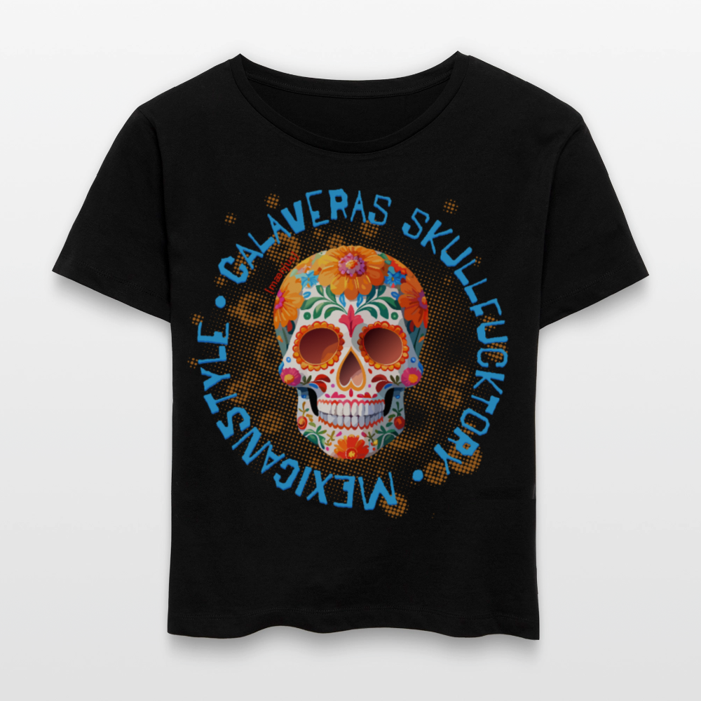 Relaxed Rundhals Frauen Bio-T-Shirt mit CALAVERAS SKULL PRINT - Schwarz