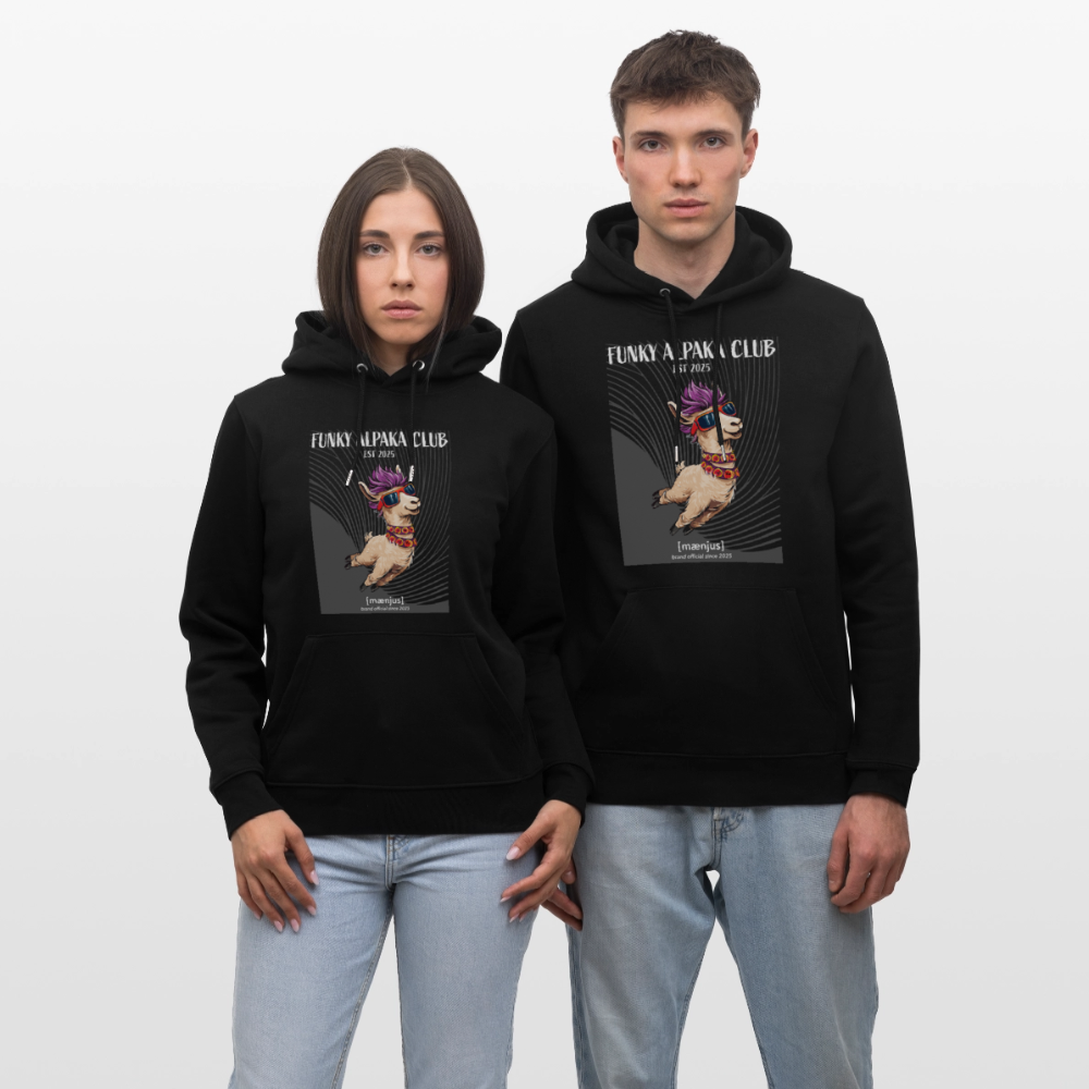 Unisex Bio-Hoodie mit FUNKY ALPAKA CLUB PRINT Vorderseite - Schwarz