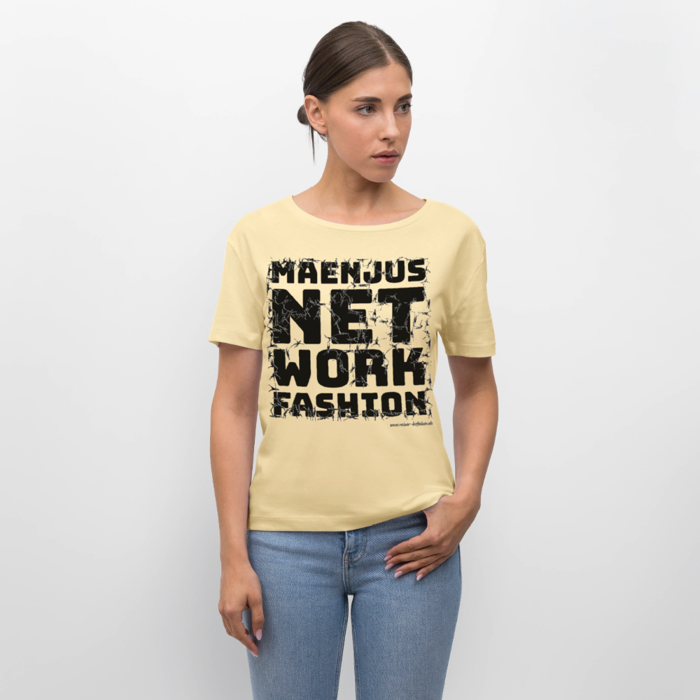Relaxed Rundhals Frauen Bio-T-Shirt mit MAENJUS NETWORK FASHION PRINT - Creme