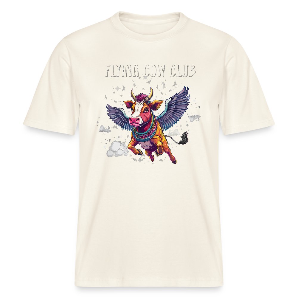 Unisex Bio-T-Shirt mit FLYING COW CLUB PRINT Vorderseite - Naturweiß