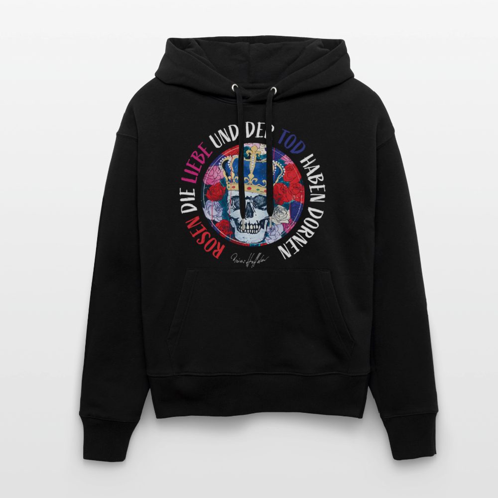 Unisex Relaxed Fit Bio-Hoodie mit ROSEN DIE LIEBE UND DER TOD HABEN DORNEN PRINT - Schwarz