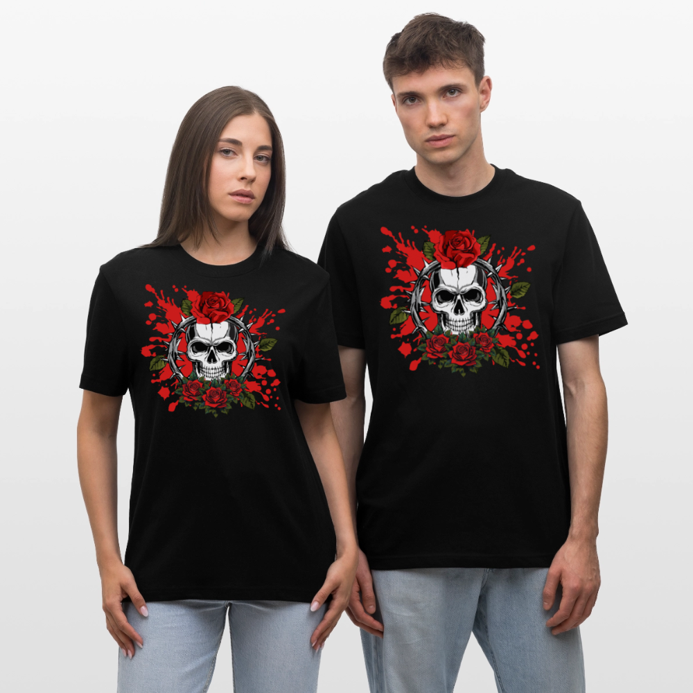 Relaxed Fit Unisex Bio-T-Shirt mit  ROSEN SKULL PRINT Vorderseite - Schwarz