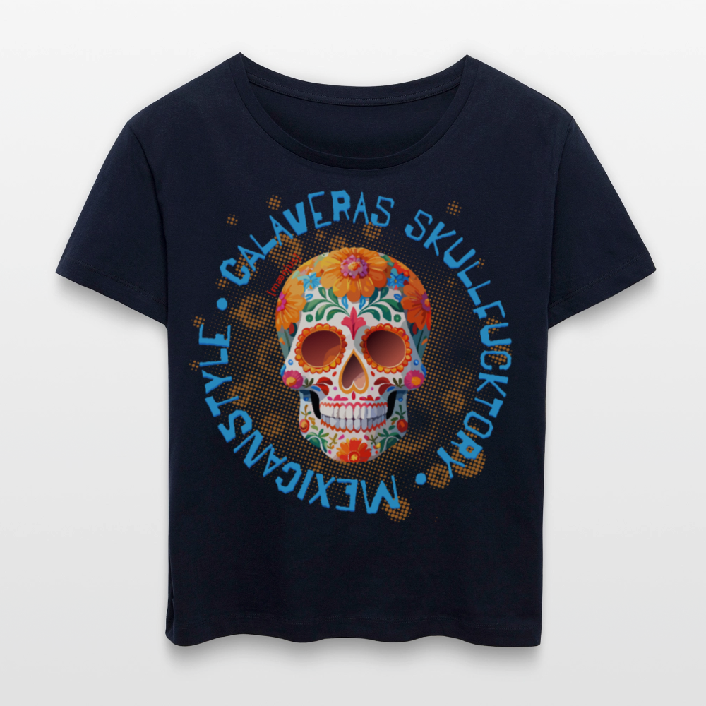 Relaxed Rundhals Frauen Bio-T-Shirt mit CALAVERAS SKULL PRINT - Navy