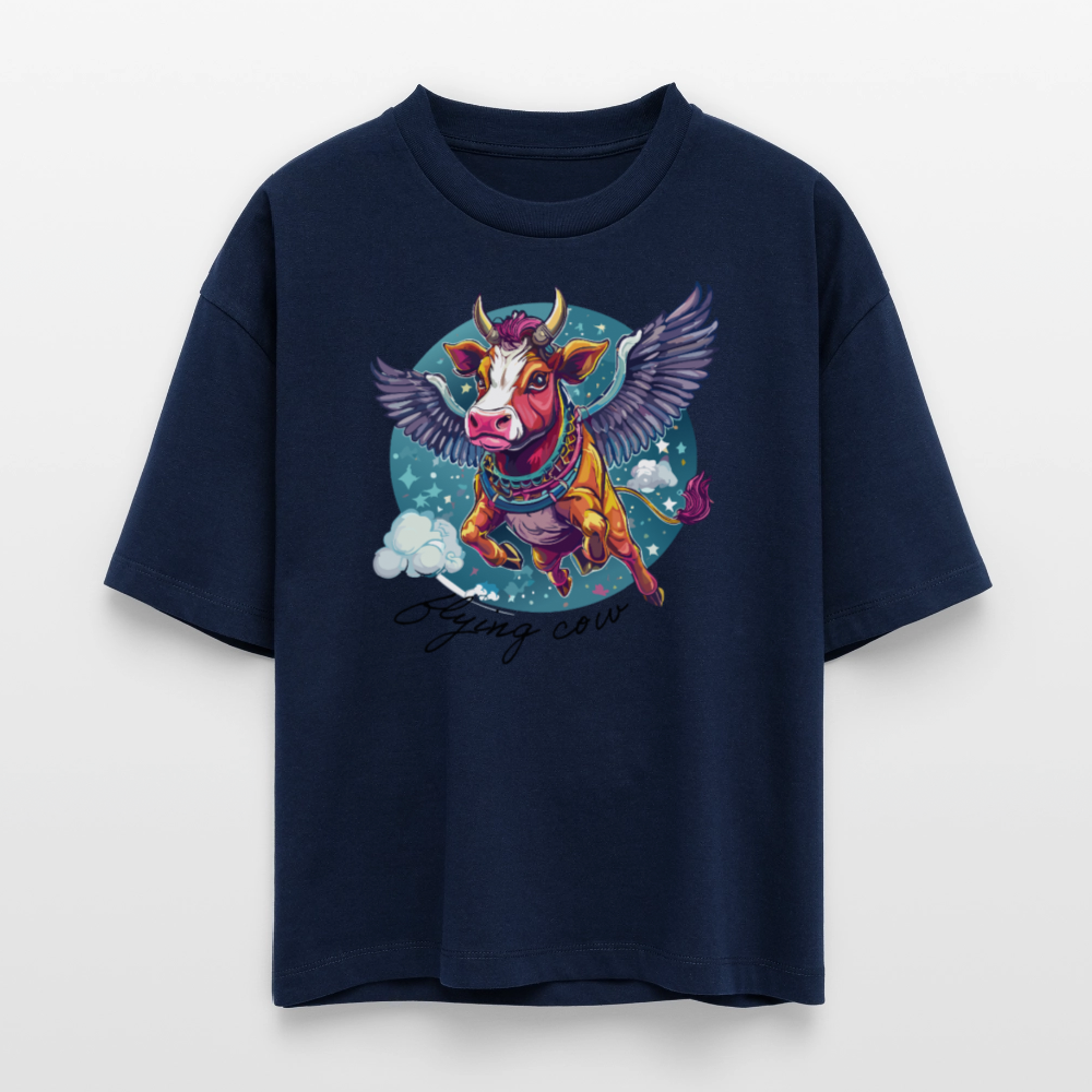 Frauen Boxy Bio-T-Shirt mit FLYING COW PRINT - Navy