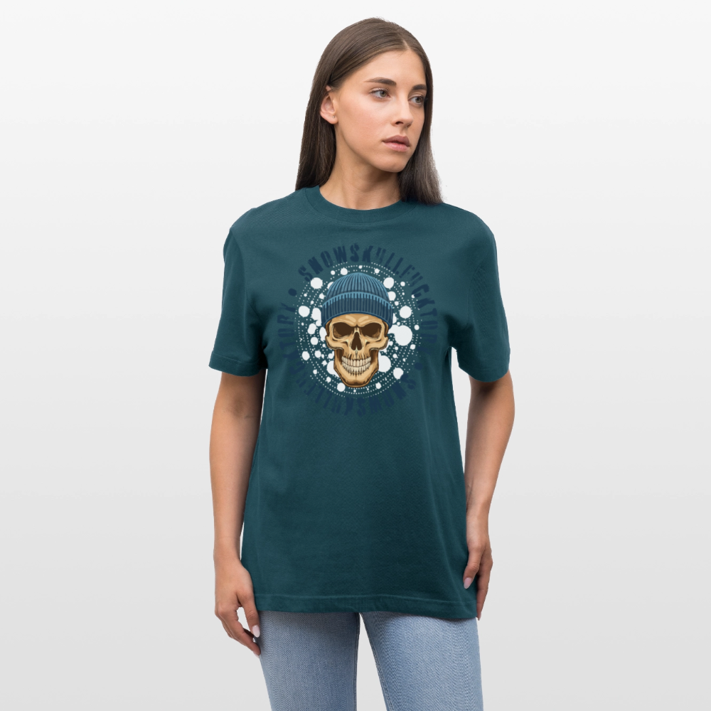 Relaxed Fit Unisex Bio-T-Shirt mit SNOWSKULL FUCKTORY PRINT Vorderseite - Dunkles Petrol