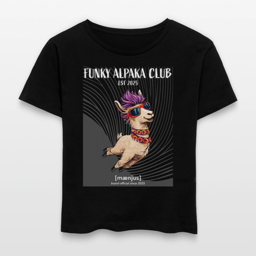 Relaxed Rundhals Frauen Bio-T-Shirt mit FUNKY ALPAKA CLUB PRINT - Schwarz