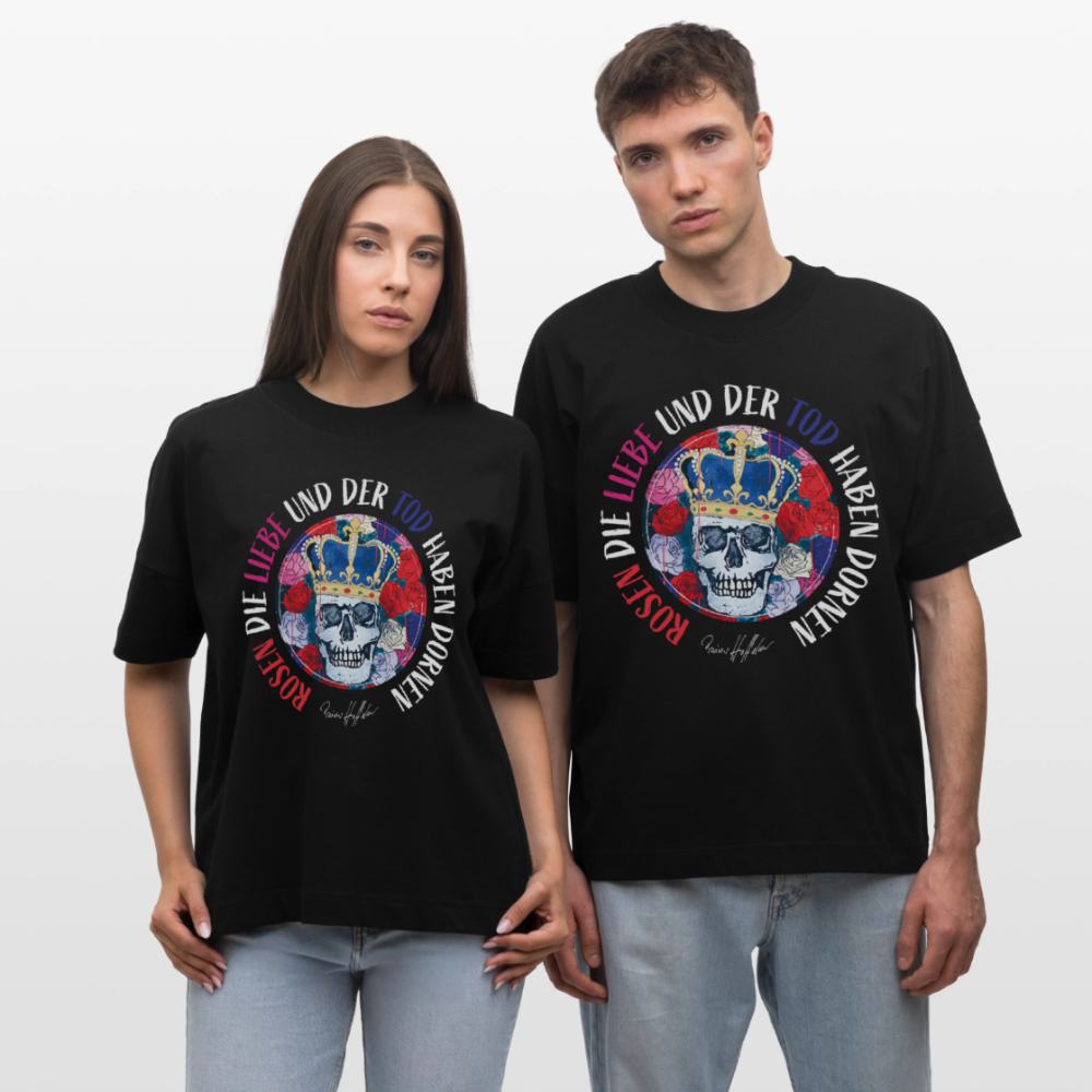 Oversized Unisex T-Shirt mit ROSEN DIE LIEBE UND DER TOD HABEN DORNEN PRINT - Schwarz