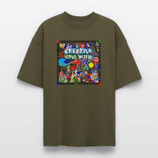 Oversized Unisex Bio T-Shirt mit CREATIVE VIRUS INSIDE PRINT Vorderseite - Khaki