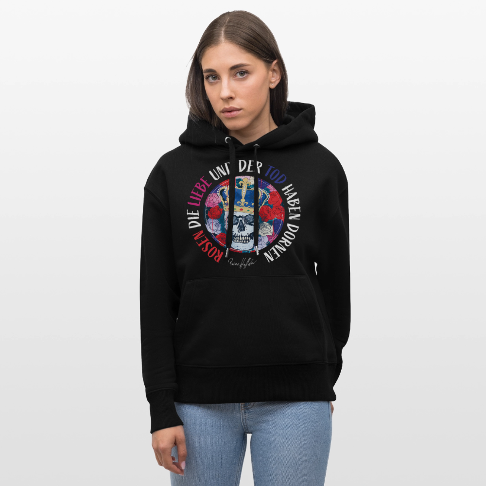 Unisex Relaxed Fit Bio-Hoodie mit ROSEN DIE LIEBE UND DER TOD HABEN DORNEN PRINT - Schwarz