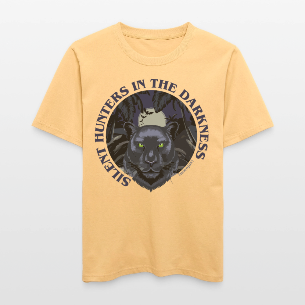Relaxed Fit Unisex Bio-T-Shirt mit SILENT HUNTERS IN THE DARKNESS PRINT Vorderseite - Hellgelb