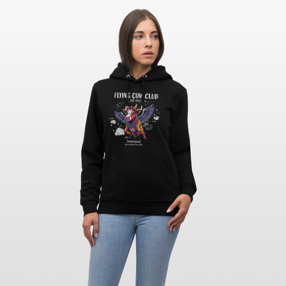Unisex Bio-Hoodie mit FLYING COW CLUB PRINT Vorderseite - Schwarz