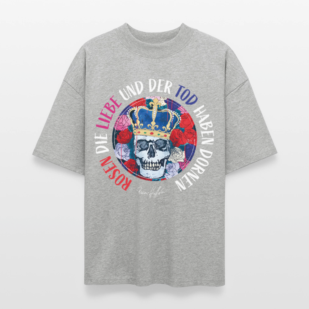 Oversized Unisex T-Shirt mit ROSEN DIE LIEBE UND DER TOD HABEN DORNEN PRINT - Grau meliert