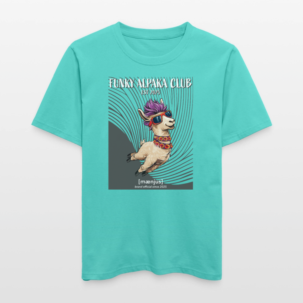 Unisex Bio-T-Shirt mit FUNKY ALPAKA CLUB PRINT Vorderseite - Poolblau