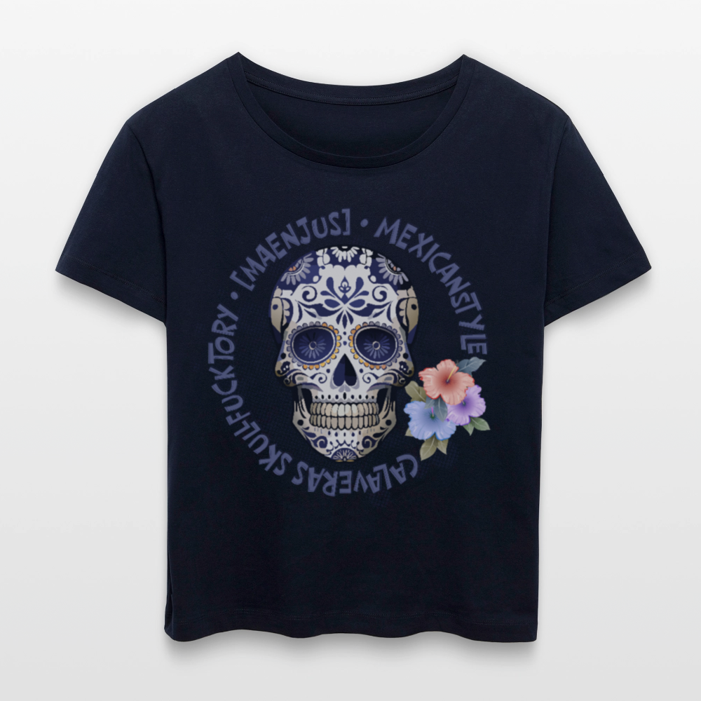 Rundhals Frauen Bio-T-Shirt mit MAENJUS MEXICANSTYLE PRINT Vorderseite - Navy