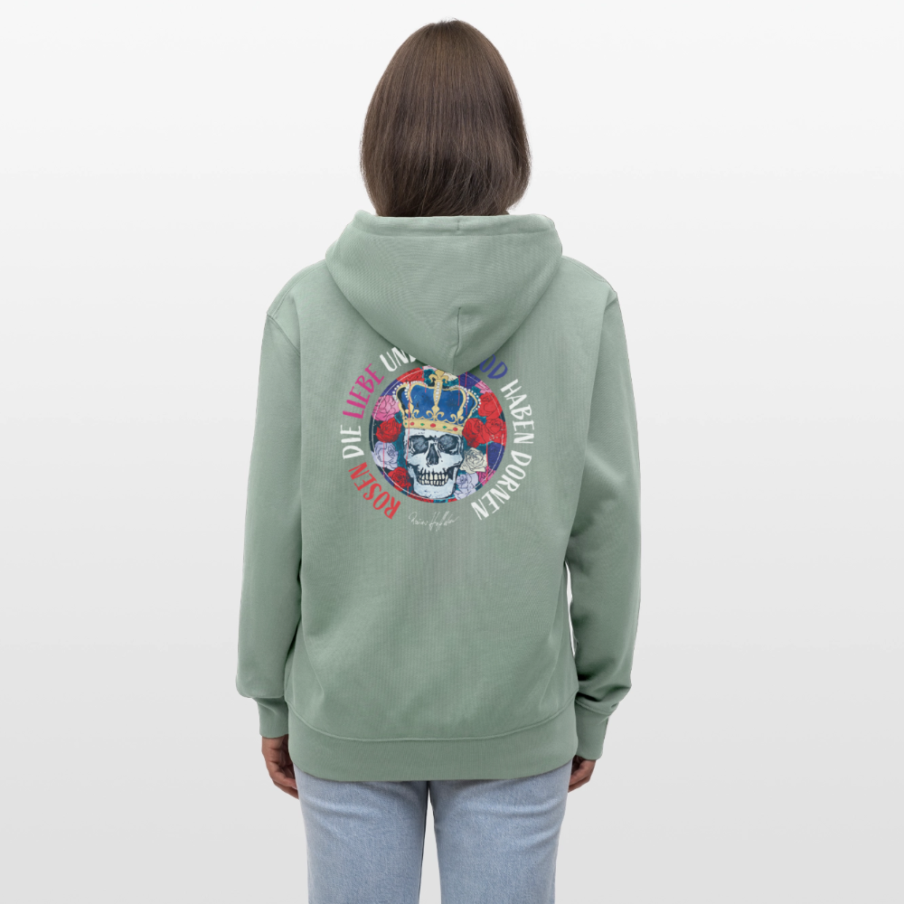 Unisex Bio-Kapuzenjacke mit ROSEN DIE LIEBE UND DER TOD HABEN DORNEN PRINT - Helles Graugrün
