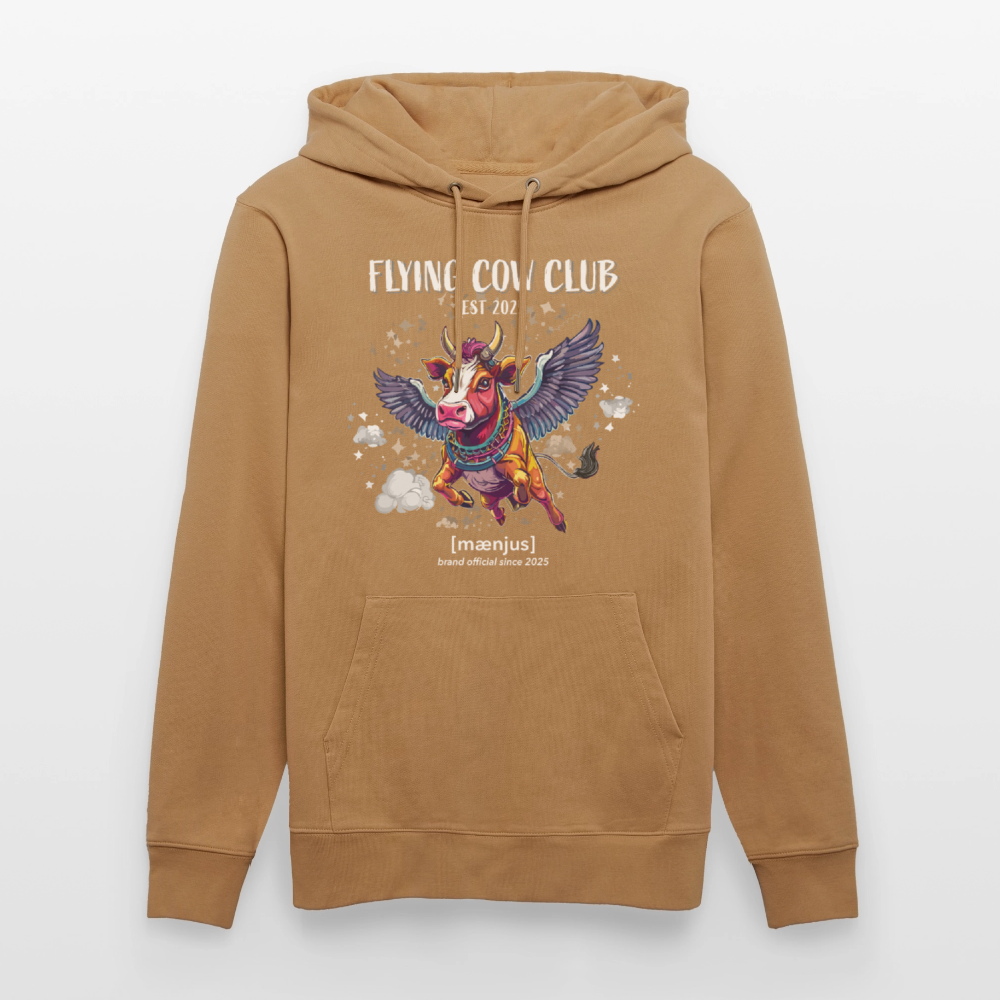 Unisex Bio-Hoodie mit FLYING COW CLUB PRINT Vorderseite - Karamell