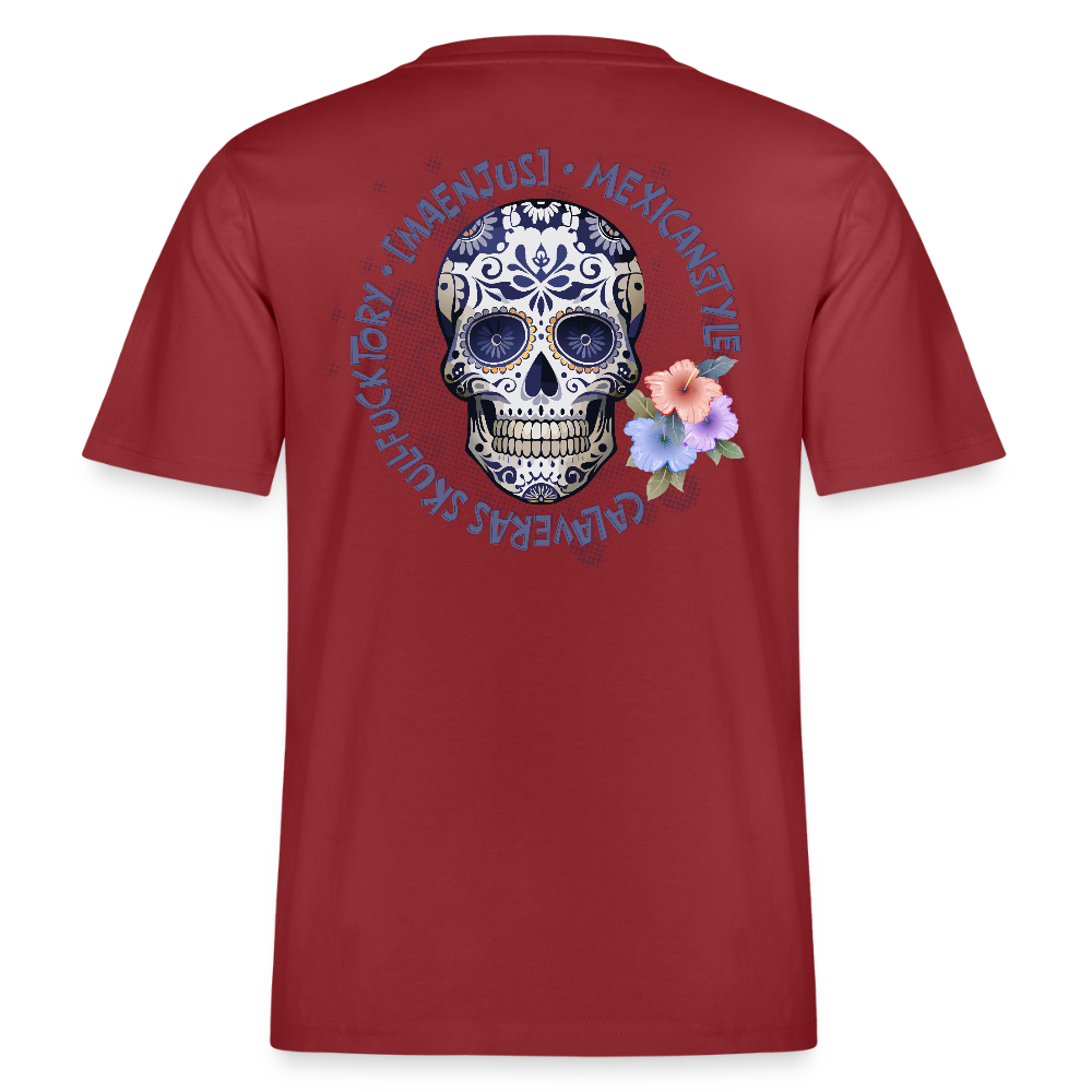 Relaxed Fit Unisex Bio-T-Shirt mit MAENJUS MEXICANSTYLE PRINT Vorder- und Rückseite - Erdrot