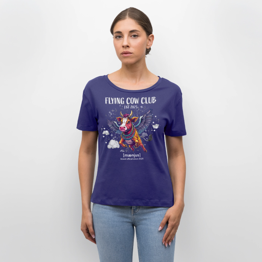 Relaxed Rundhals Frauen Bio-T-Shirt mit FLYING COW CLUB PRINT - Dämmerung