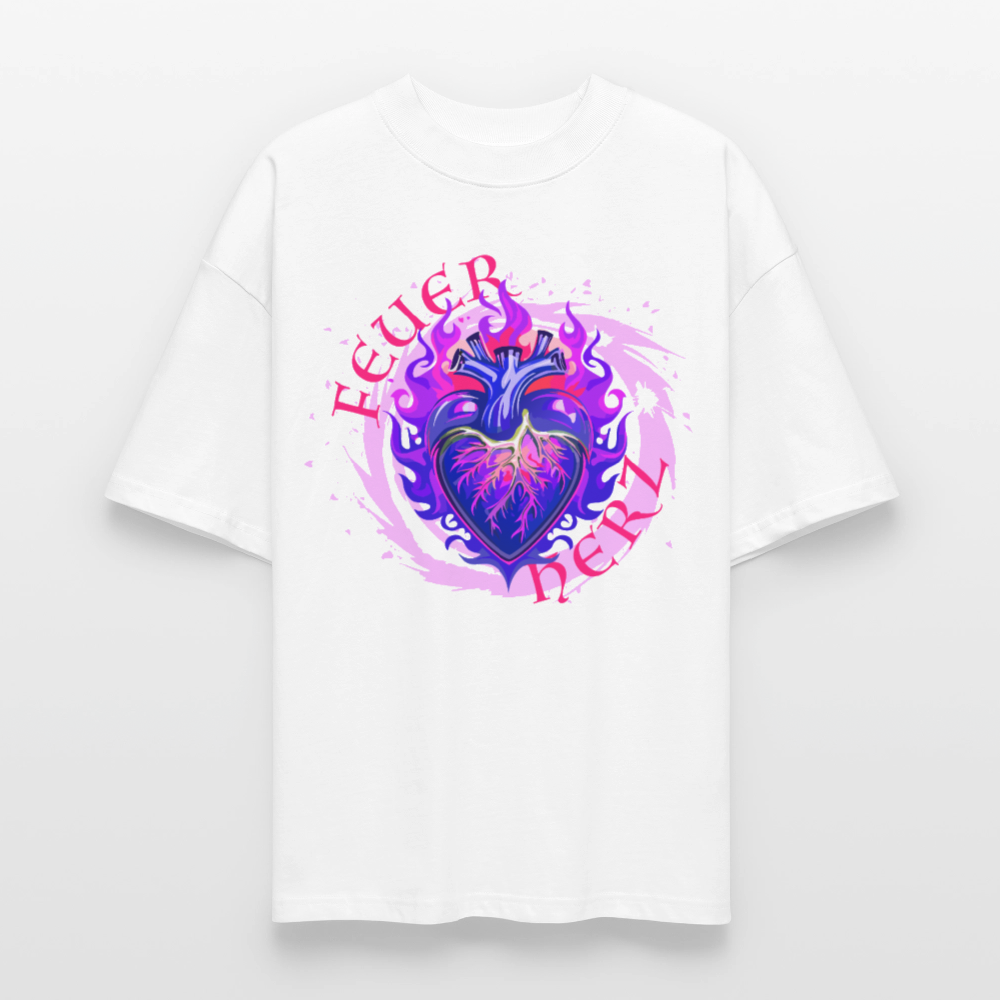 Oversized Unisex Bio T-Shirt mit FEUERHERZ LILA PRINT - Weiß