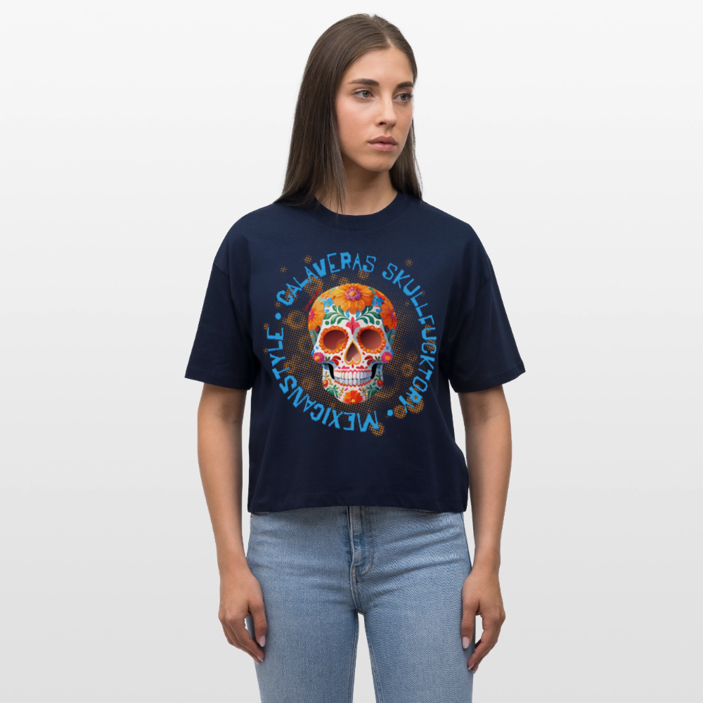 Frauen Boxy Bio-T-Shirt mit CALAVERAS SKULL PRINT - Navy