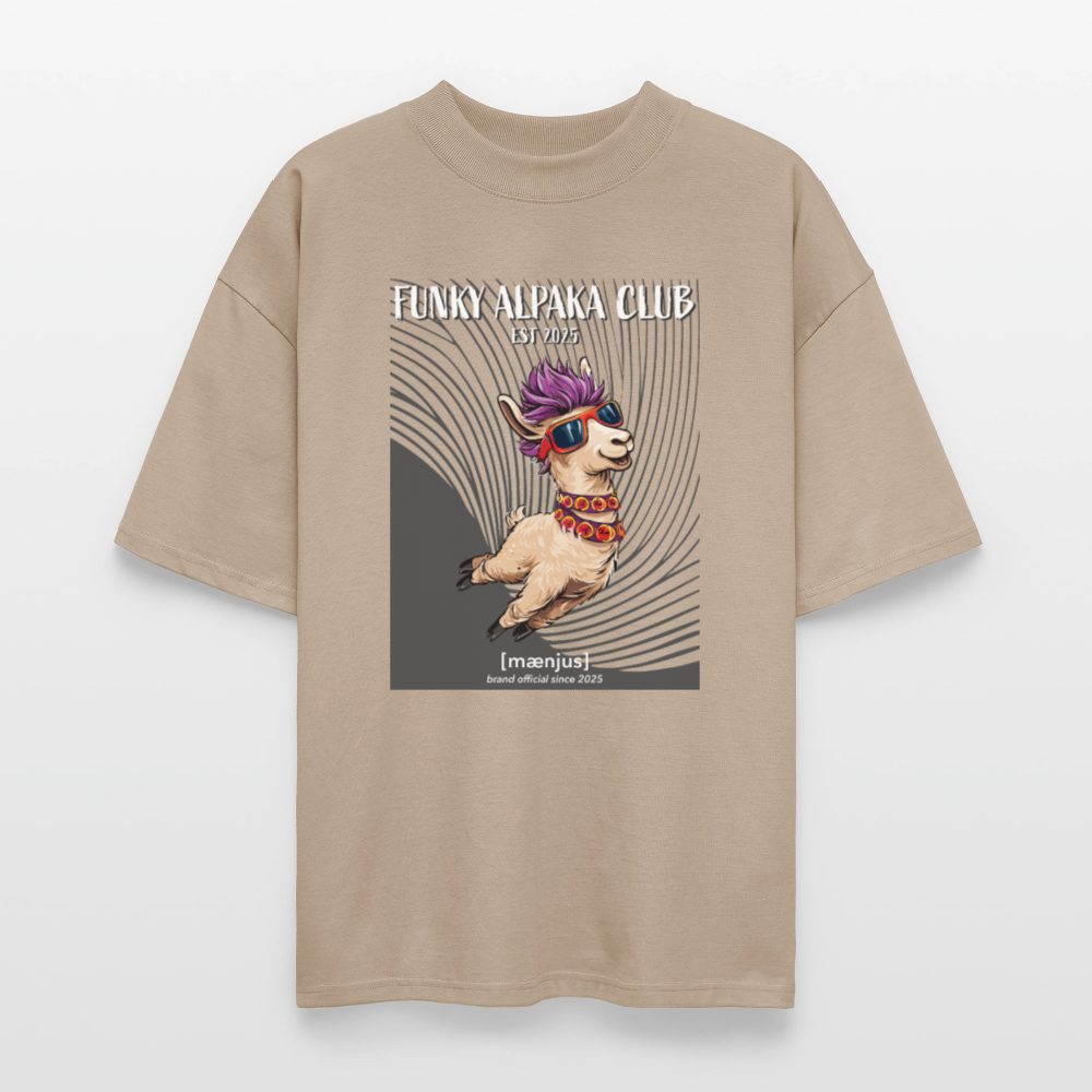 Oversized Unisex Bio T-Shirt mit FUNKY ALPAKA CLUB PRINT Vorderseite - Steingrau