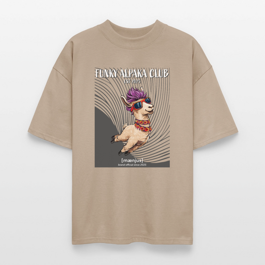 Oversized Unisex Bio T-Shirt mit FUNKY ALPAKA CLUB PRINT Vorderseite - Steingrau