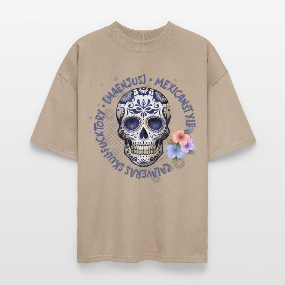 Oversized Unisex Bio T-Shirt mit MAENJUS MEXICANSTYLE PRINT Vorderseite - Steingrau