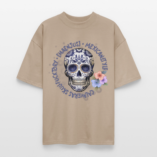 Oversized Unisex Bio T-Shirt mit MAENJUS MEXICANSTYLE PRINT Vorderseite - Steingrau