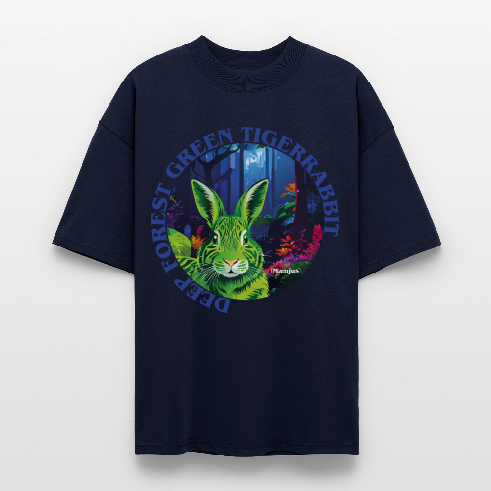 Oversized Unisex T-Shirt mit DEEP FOREST GREEN TIGERRABBIT PRINT Vorderseite - Navy
