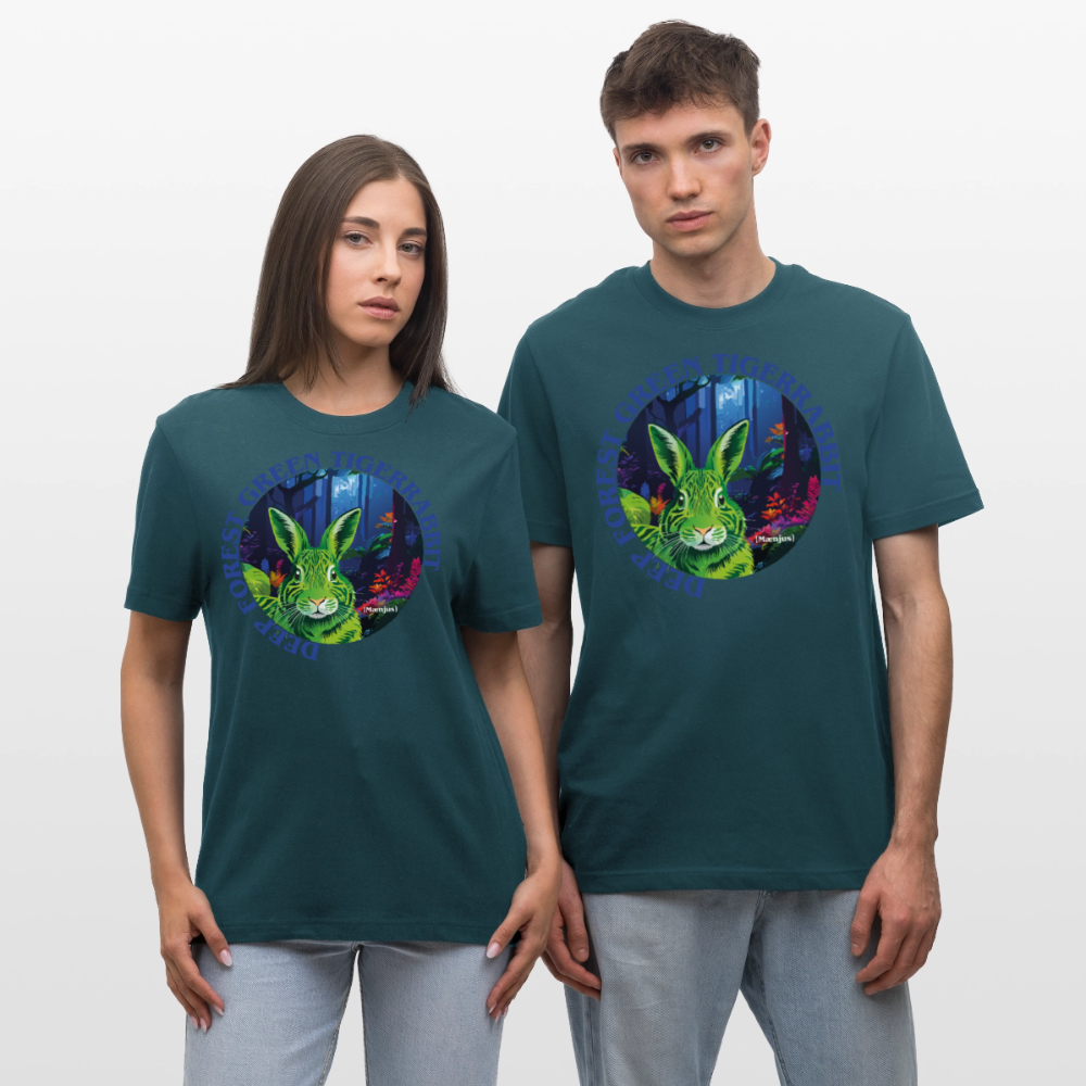 Relaxed Fit Unisex Bio-T-Shirt mit DEEP FOREST GREEN TIGERRABBIT PRINT Vorderseite - Dunkles Petrol