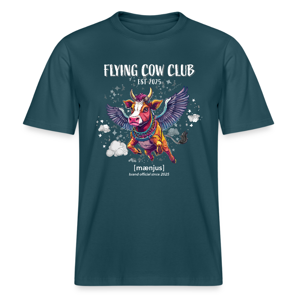 Unisex Bio-T-Shirt mit FLYING COW CLUB PRINT Vorderseite - Dunkles Petrol