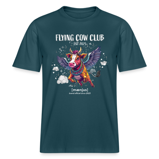 Unisex Bio-T-Shirt mit FLYING COW CLUB PRINT Vorderseite - Dunkles Petrol