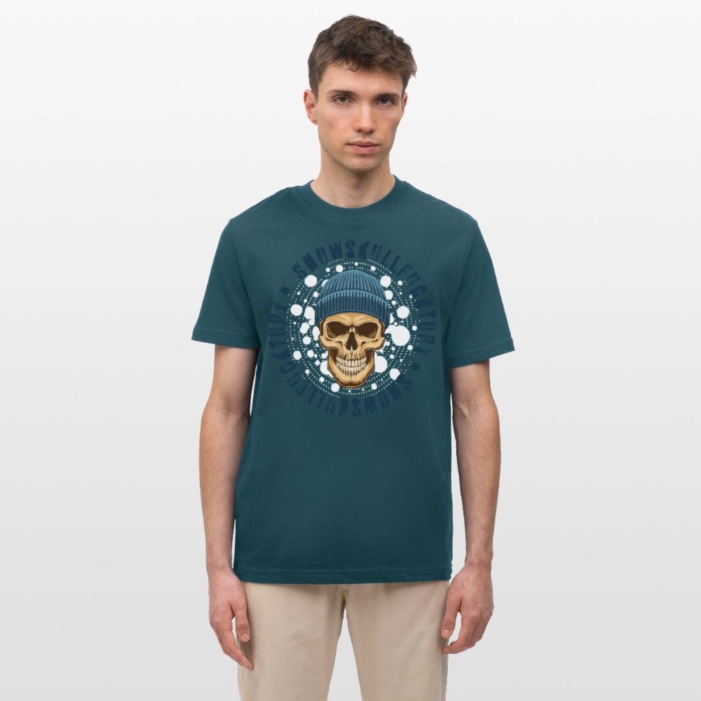 Relaxed Fit Unisex Bio-T-Shirt mit SNOWSKULL FUCKTORY PRINT Vorderseite - Dunkles Petrol