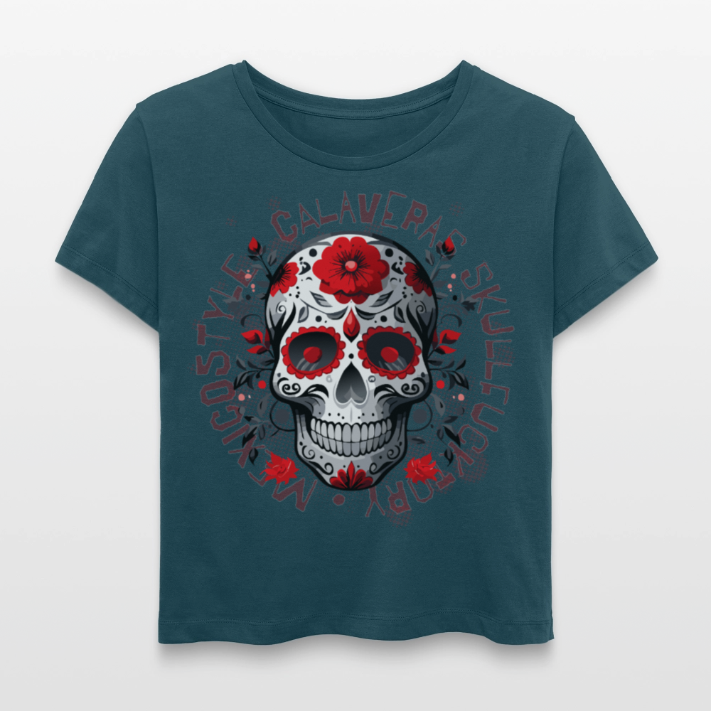 Frauen T-Shirt mit CALAVERAS SKULL PRINT - Dunkles Petrol