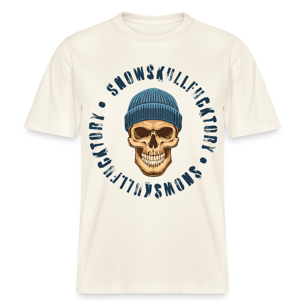 Relaxed Fit Unisex Bio-T-Shirt mit SNOWSKULL FUCKTORY PRINT Vorderseite - Naturweiß