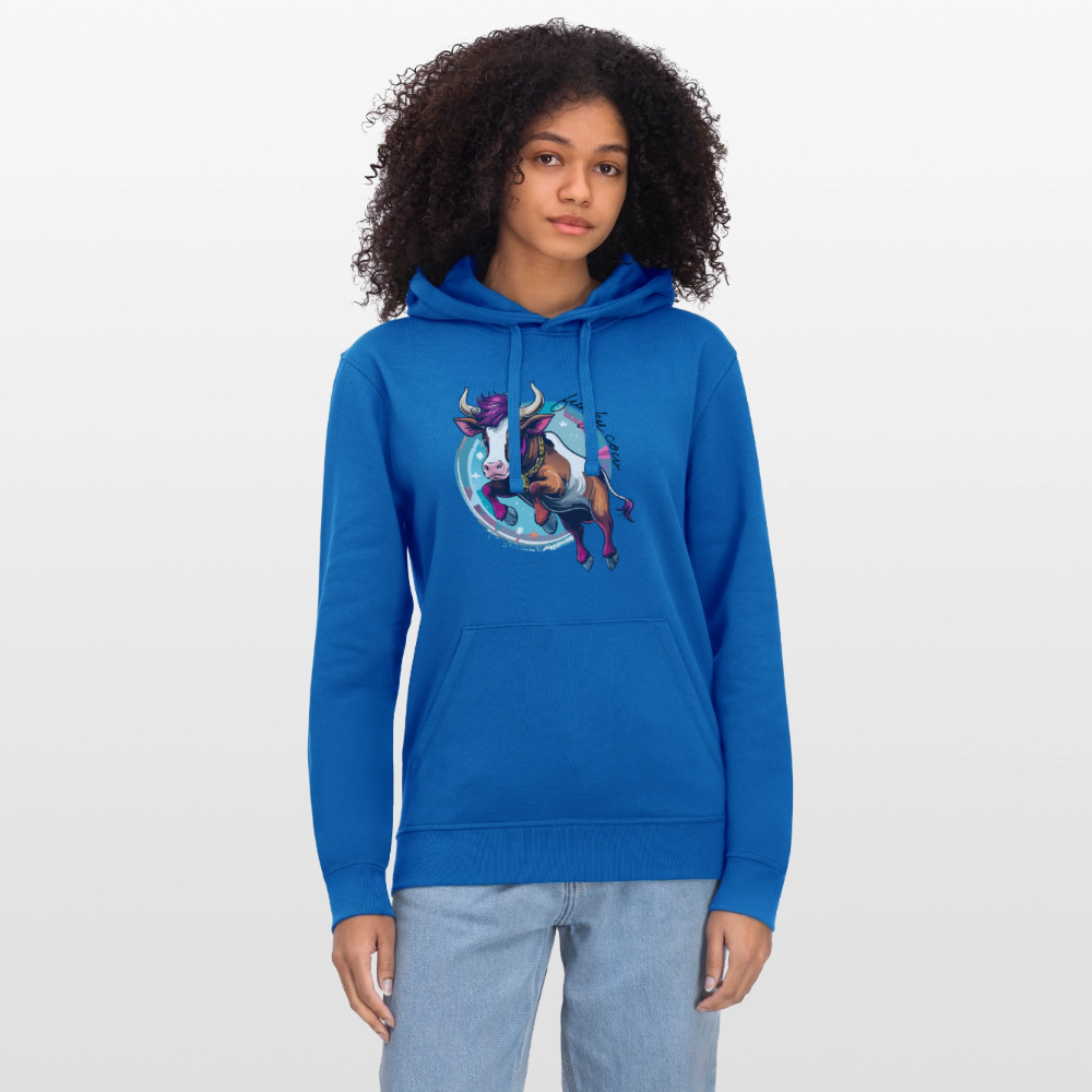 Unisex Bio-Hoodie mit FUNKY COW PRINT Vorderseite - Königsblau